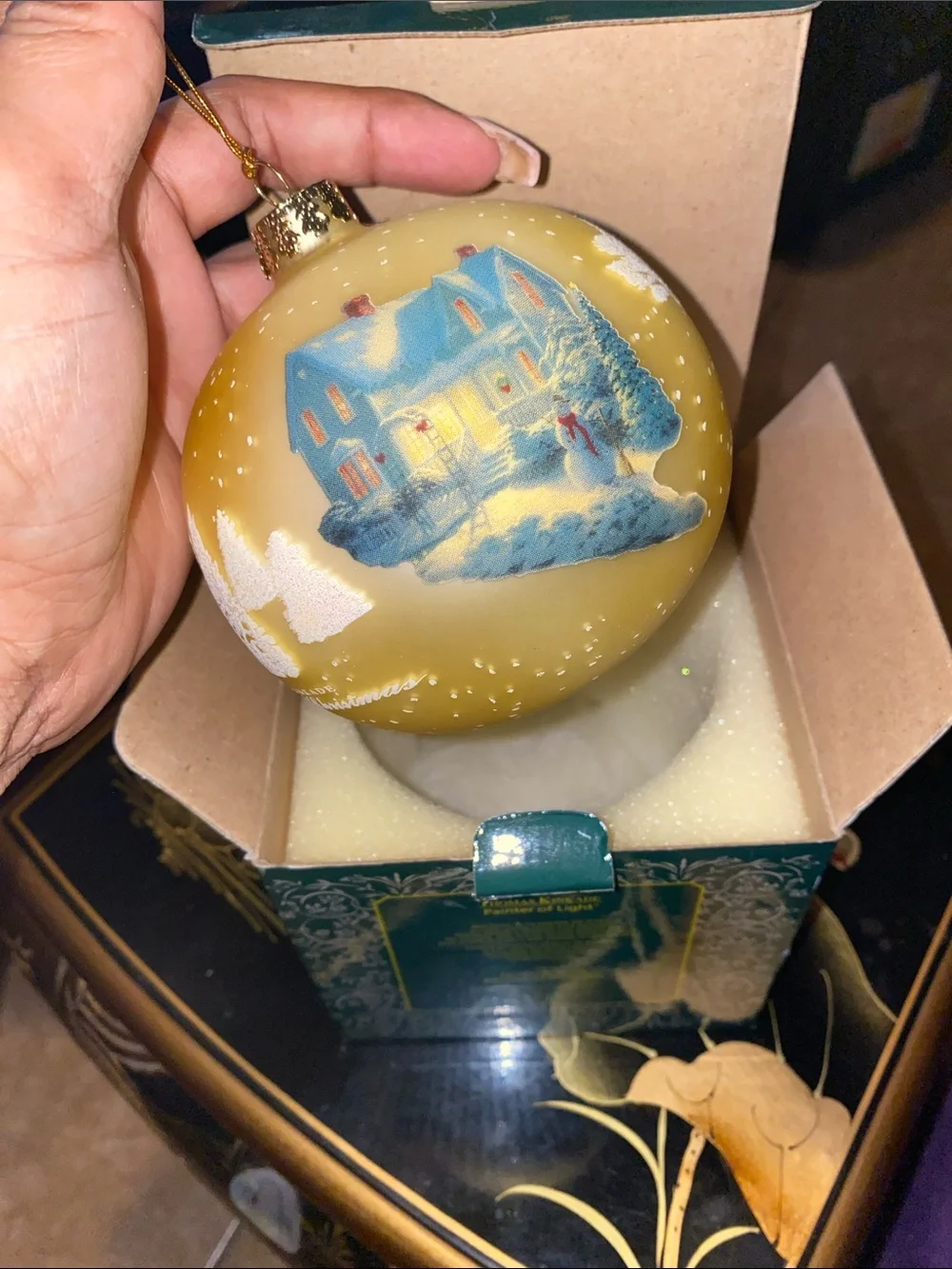 Vint Thomas Kinkade Blessings of Christmas Gold and Blue Winter House Ornament